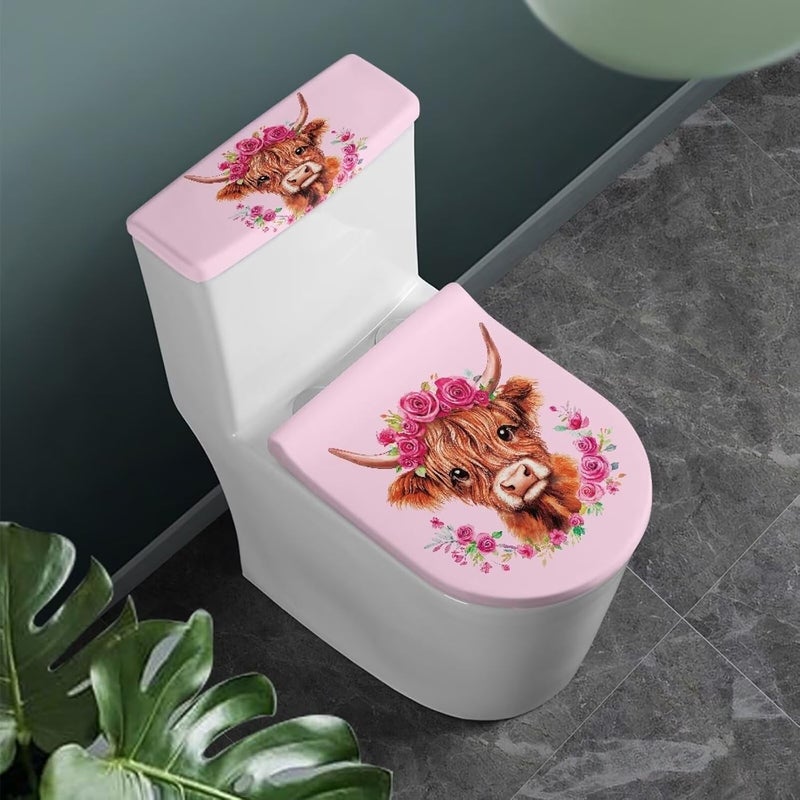 Kathyboom Highland Cow Rose Toilet Lid Cover with Elastic Edge Water Resistant Toilet Seat Covers Reusable Toilet Tank Lid Cover Pink Decorations for Home - Image 2